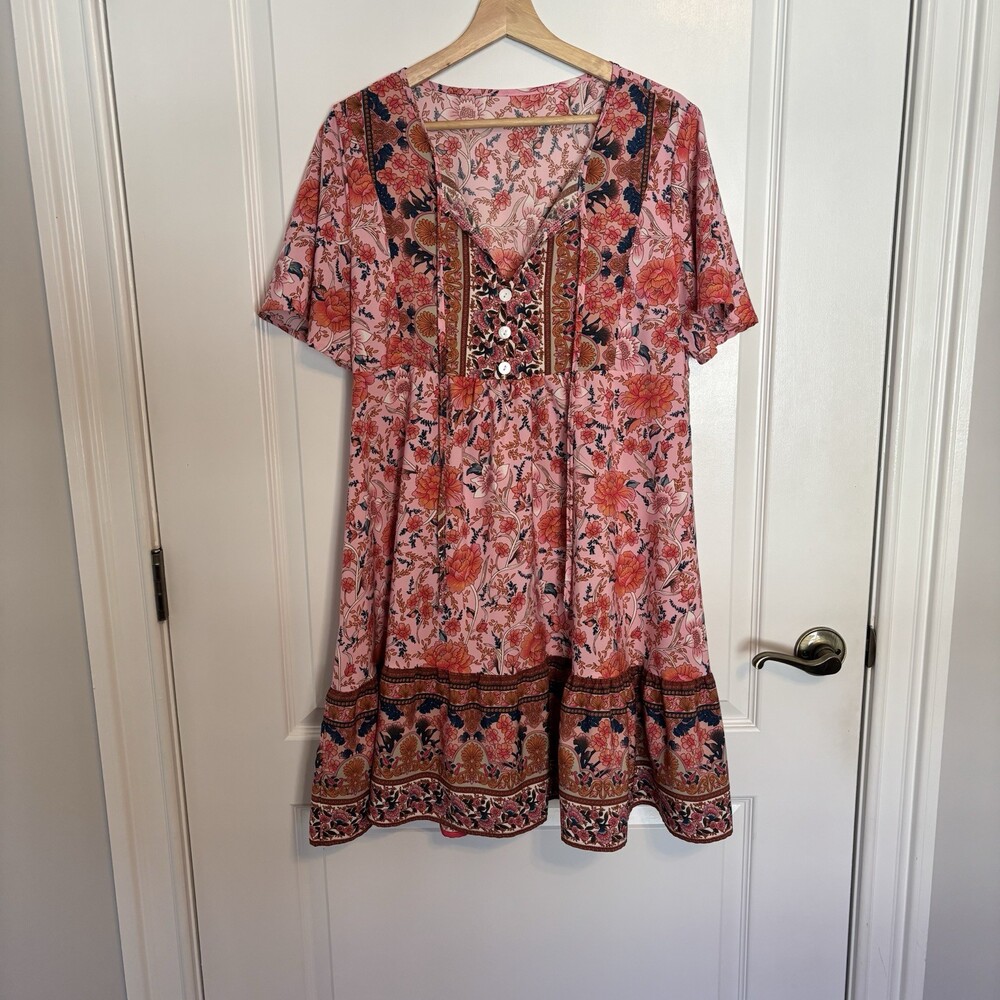 SHEIN Women's Pink Multicolor Floral Boho Short Sleeve V-Neck Short Dress Size L